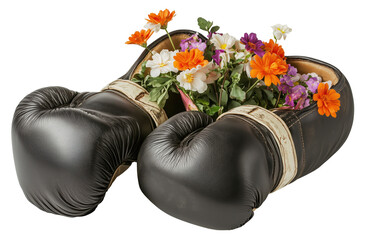 Black boxing gloves cracked open to reveal vibrant flowers inside, symbolizing contrast between strength and fragility. colorful blooms add touch of beauty and surprise., isolated