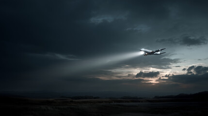 Fototapeta premium An airplane in the sky at dusk is landing at the airport