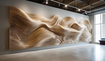 Large, light beige wooden wall sculpture, flowing lines, abstract, modern art