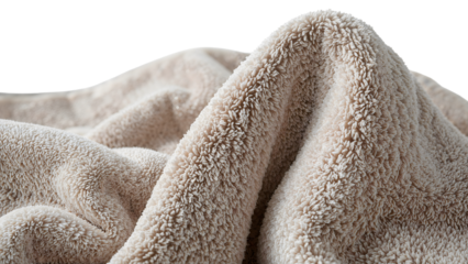 Soft beige towel closeup with fluffy texture, cozy fabric folds, hygge home comfort, clean minimal background