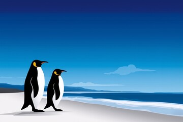 Two penguins walking on beach Cartoon scene with blue ocean Concept for summer travel themes