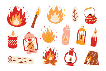 Cozy Campfire Elements Collection: Illustrative depiction of diverse cozy campfire elements, including leaping flames, a lit matchstick, lanterns, burning firewood.