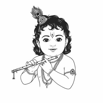 baby krishna playing flute black and white clip art preview