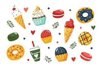 Sweet Delights: A vibrant assortment of sugary confections, from a cone to a donut, a charming array of tempting pastries for every sweet tooth.