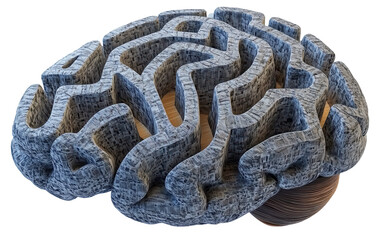 Brain shaped like maze, symbolizing complexity and problem solving, with intricate pathways and textured surface., isolated