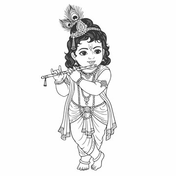 baby krishna playing flute black and white clip art preview