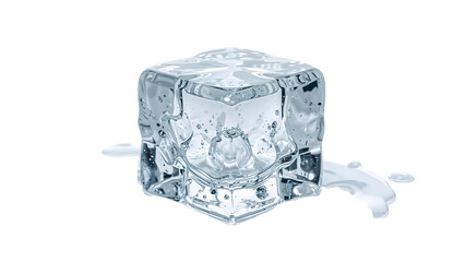 Clear melting ice cube with water drops on the transparent background, refreshment and coolness concept for summer drinks