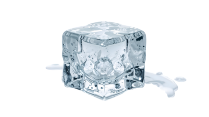 Clear melting ice cube with water drops on the transparent background, refreshment and coolness concept for summer drinks
