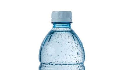 Closeup of plastic water bottle with condensation droplets isolated on the transparent background, refreshment, hydration, clean, transparent