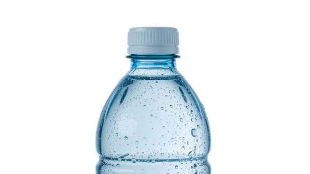 Closeup of plastic water bottle with condensation droplets isolated on the transparent background, refreshment, hydration, clean, transparent