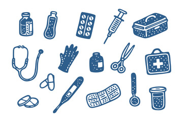 Medical Essentials Illustrated: A comprehensive illustration of medical essentials, meticulously drawn with a vintage, hand-drawn aesthetic.