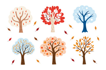 Seasons Trees Illustration: A collection of six distinct tree illustrations showcasing the diverse beauty of the seasons.