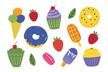 Delightful Dessert Assortment: A vibrant array of colorful dessert illustrations, showcasing the sweetness of life with treats like cupcakes, ice cream, and donuts.