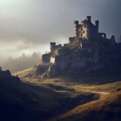 Fototapeta premium Majestic Castle Ruins Stand Proudly on a Hill, Embraced by Fog