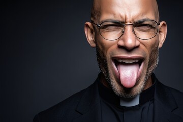 Bald black priest with tongue out, Screaming gesture in dark suit, Concept for bold or contrast themes