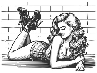 Naklejka na ściany i meble glamorous woman lying on floor, wearing high heels and posing confidently against a brick wall sketch engraving generative ai fictional character vector illustration. Scratch board. Black and white.