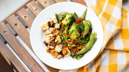 Healthy homemade food, healthy protein rich vegan food recipe with tofu and edamame, Plant based protein rich dinner recipe