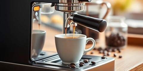 Sleek coffee machine brewing espresso; dark beans, steaming cup on wood,  domestic,  wood