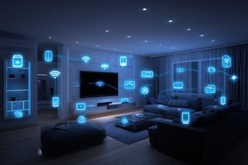 Smart home interior at night, glowing icons