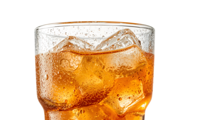 Refreshing glass of cola with ice cubes and bubbles on the transparent background for summer beverage concepts