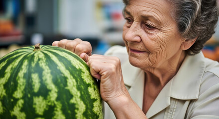 Senior Woman Carefully Inspecting a Fresh Watermelon in a Supermarket