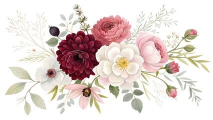 Elegant watercolor floral arrangement with deep red and pink peonies and white anemones on black background