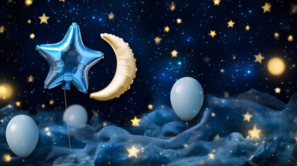 Dreamy Night Sky Balloon Scene,  Star Moon Balloons on Blue Fabric