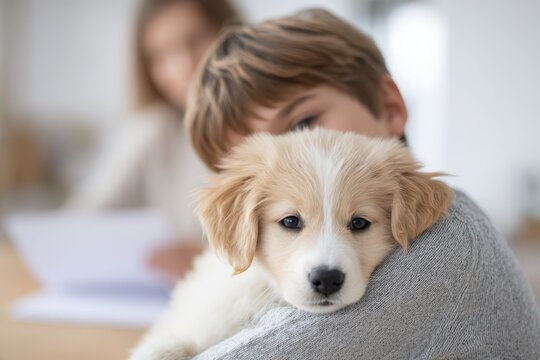 Pets insurance claim concept. A child cuddles a cute puppy, showcasing a moment of warmth and connection.
