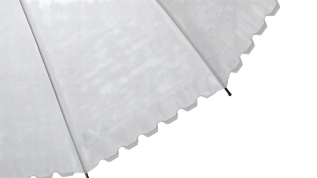 Close up of white parasol canopy with scalloped edge and metal frame on the transparent background, minimalist sun protection concept