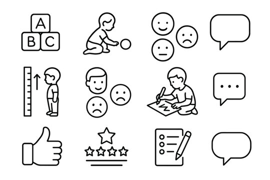 Child development icons set with play, emotion, growth, learning, and communication symbols