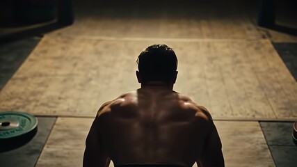 Gym POV of shirtless male athlete viewed from behind in low lighting