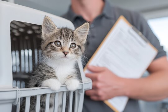 Pets insurance claim concept. A kitten peeks out from a carrier while a person holds a clipboard nearby.