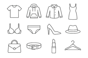 Simple line icon set of clothing and accessories