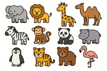 Fototapeta premium Cute cartoon animals collection: elephant, giraffe, zebra, panda, and more