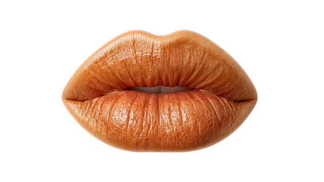 Glossy brown lips closeup isolated on the transparent background showing modern lip makeup trends and beauty care details