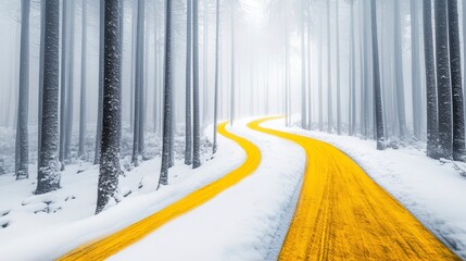 Winding yellow road through a snowy, foggy forest.
