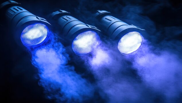 Triple Stage Lights Emit Blue Smoke, Concert