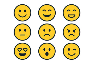 Fototapeta premium Nine yellow emoji faces showing various emotions including happy, angry, and surprised
