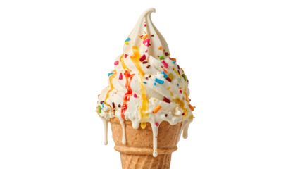 Melting vanilla soft serve ice cream cone with colorful sprinkles and syrup isolated on the transparent background