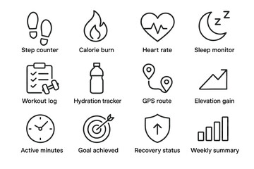 Fitness tracking icons including heart rate and sleep monitor for health management