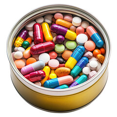 Tin can filled with colorful capsules and pills, showcasing variety of shapes and sizes, symbolizing mix of medications or supplements., isolated