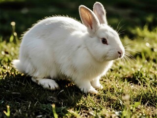 A beautiful white rabbit sitting quietly on a sunny patch of green grass. The natural lighting enhances the texture of its soft fur, creating a warm and peaceful wildlife scene suitable for children&rsquo;s