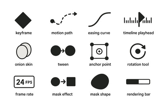 Animation tools icons: keyframe, motion path, easing curve, timeline, onion skin