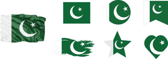 Pakistan flag set of icons. A set of flags in square, rectangular, heart, star and round shapes. Independence day 14 August.Flag icon. Standard colors. Vector illustration