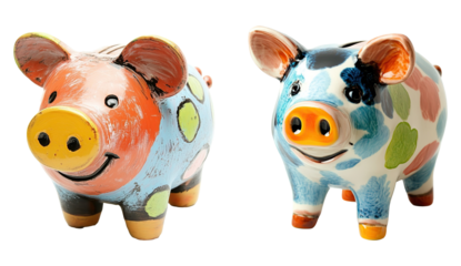 A collection of piggy banks with funny or unusual designs isolated on a transparent background. PNG