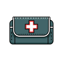 Fototapeta premium First aid kit illustration with a red cross symbol on a teal bag, isolated on white.