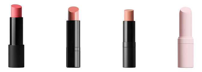 Obraz premium Collection of pink cosmetic lipsticks in shiny tubes, isolated on a transparent background. PNG