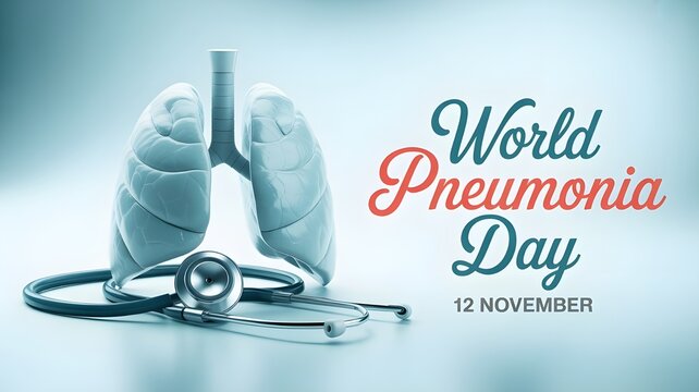 World pneumonia day concept with lungs and stethoscope on a blue background.