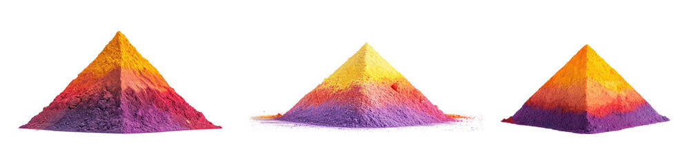 A collection of vibrant, brightly colored Holi powder pyramids isolated on a transparent background. PNG