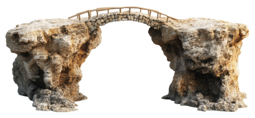Small stone bridge connects two rugged cliffs, creating dramatic and adventurous scene. natural rock formations and rustic bridge evoke sense of exploration and wonder., isolated